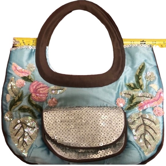 Tina & Frankie light blue satin bag with embroidery & bling outside pocket - Picture 1 of 8